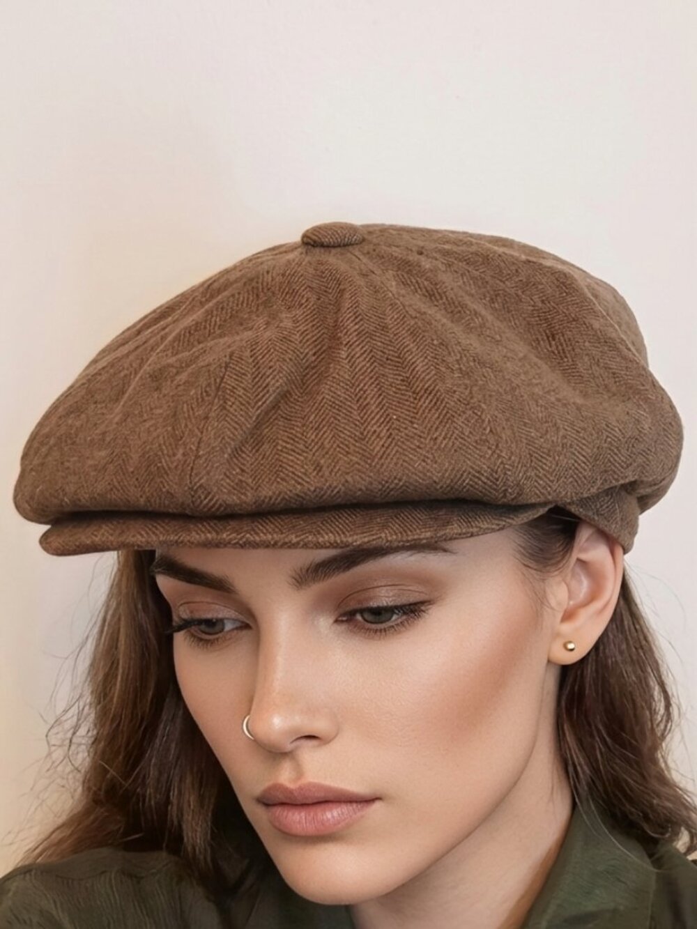 100% Wool Herringbone Newsboy Cap | Weatherproof & Insulated Flat Cap Size L